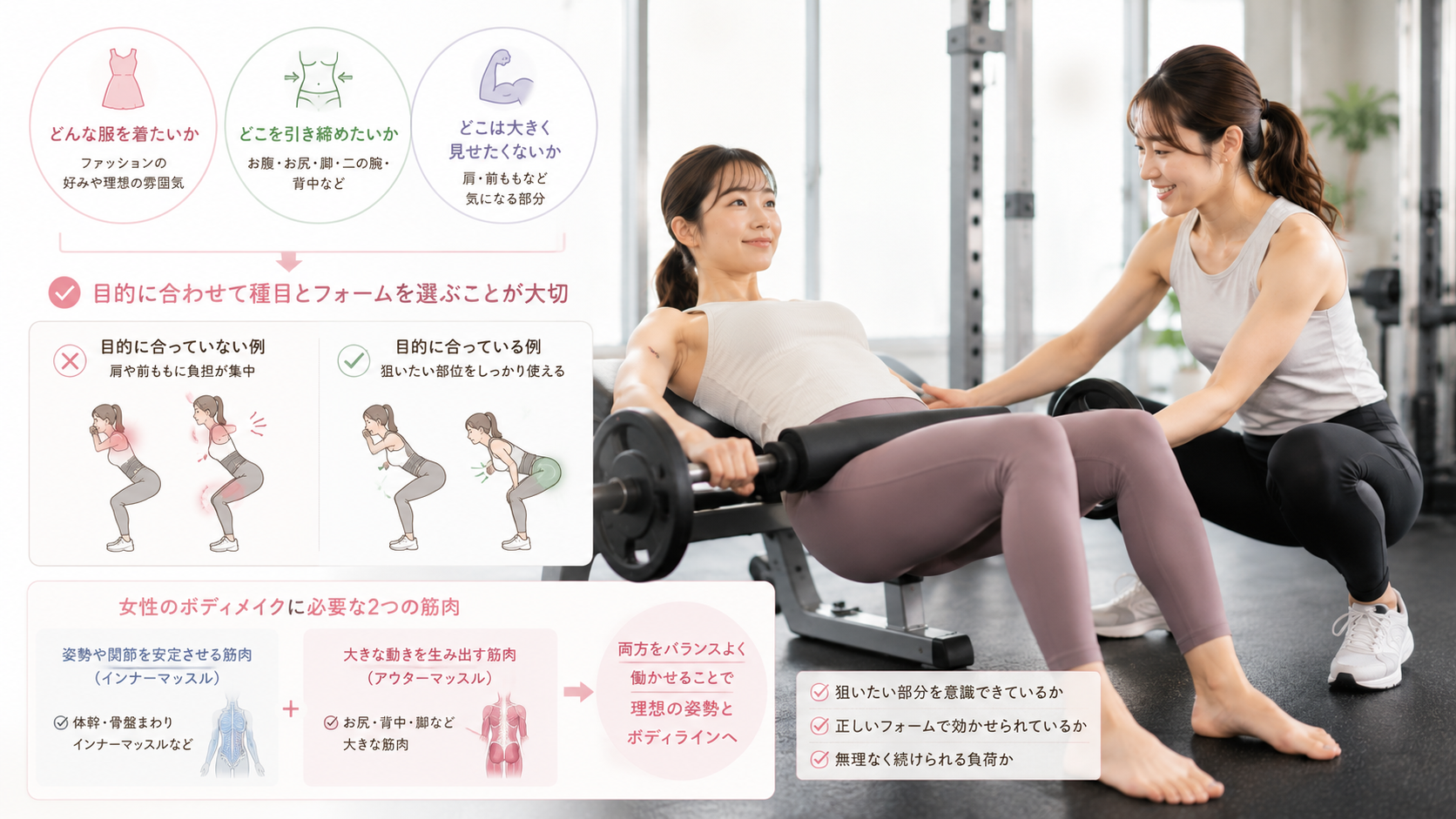 女性のボディメイクで狙いたい筋肉に合わせて種目とフォームを調整するパーソナルトレーニングの様子
