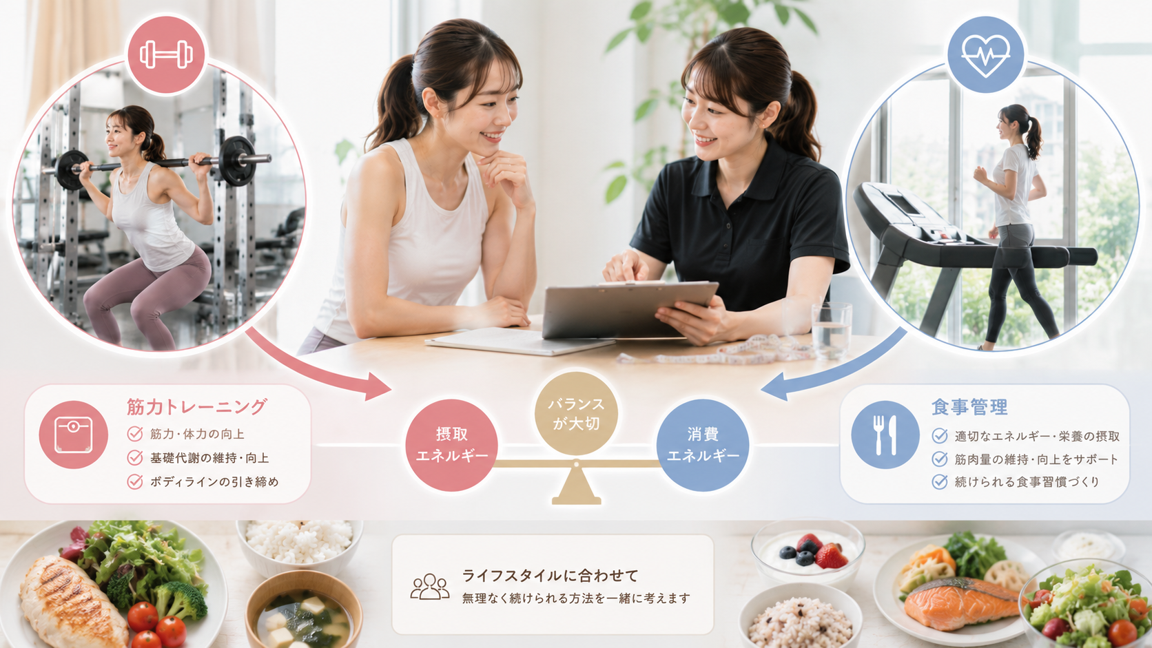 筋力トレーニングと食事の両方を女性トレーナーに相談しながらダイエットを進める女性