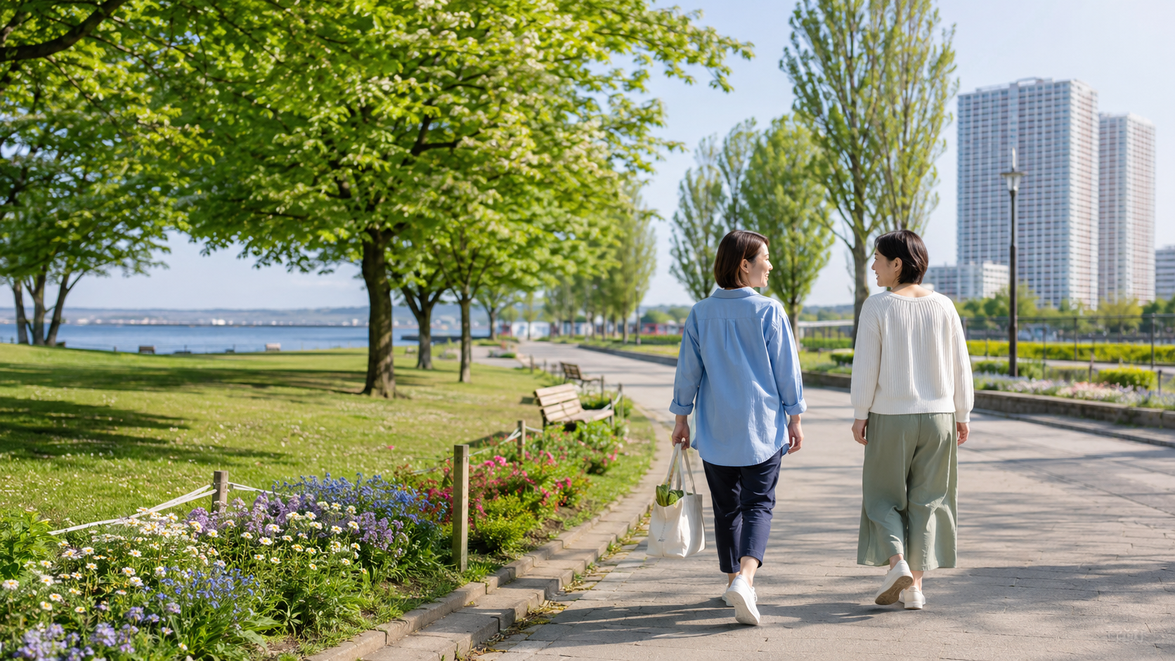 稲毛海岸周辺の緑豊かな公園を、買い物バッグを持って散歩する二人の女性