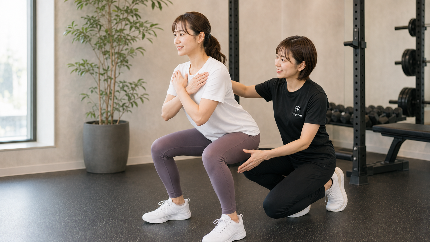 女性トレーナーに背中や股関節の使い方を確認してもらいながら、軽いダンベルで筋力トレーニングを行う女性