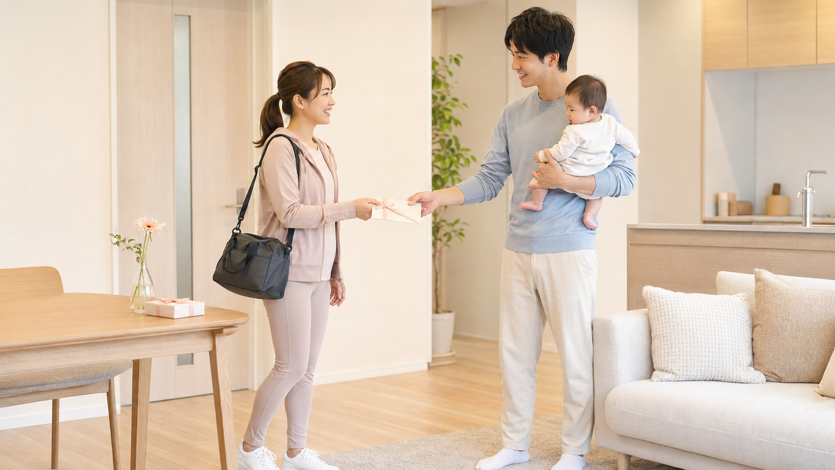 赤ちゃんを抱く家族からトレーニングのプレゼントを受け取り、ジムへ出かける準備をする産後女性