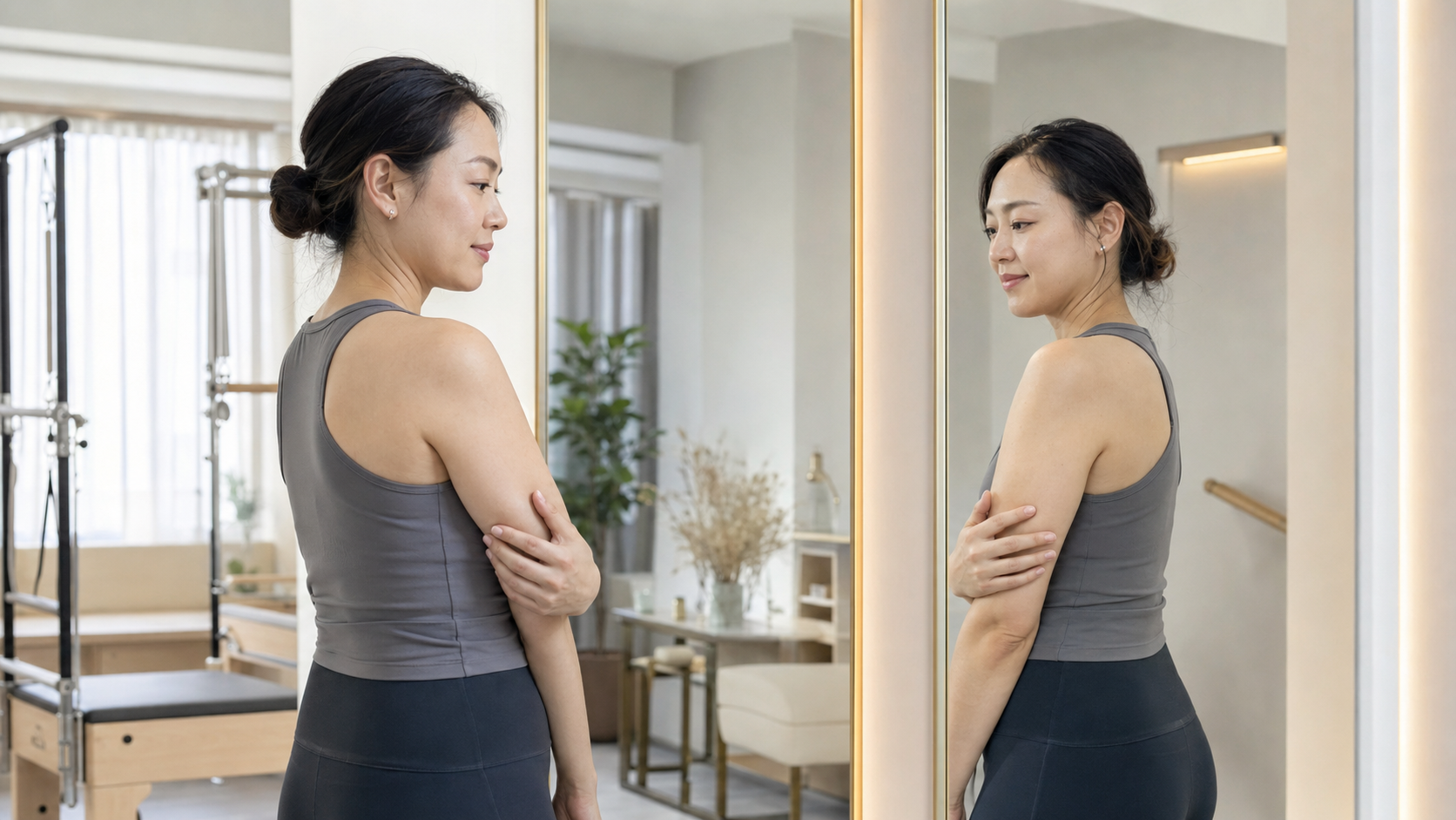 鏡の前で横向きになり、巻き肩と二の腕の見え方を確認する女性