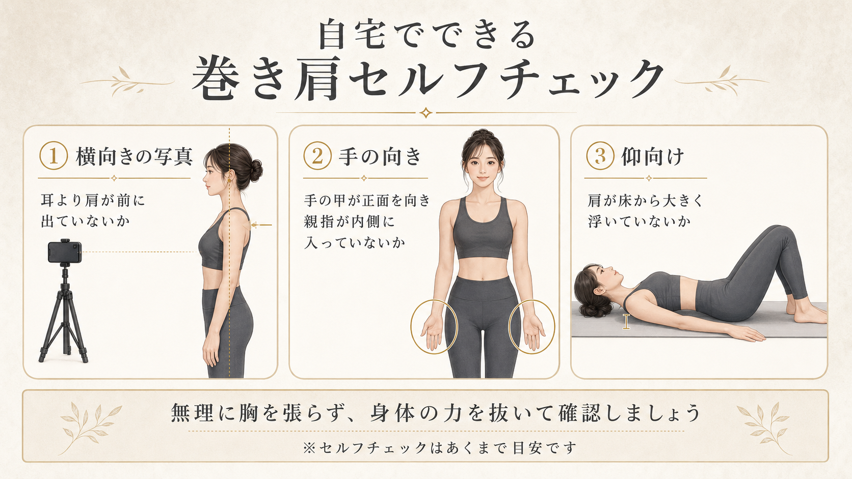 横向き写真・手の向き・仰向けの3つの方法で巻き肩を確認する女性のセルフチェック図解