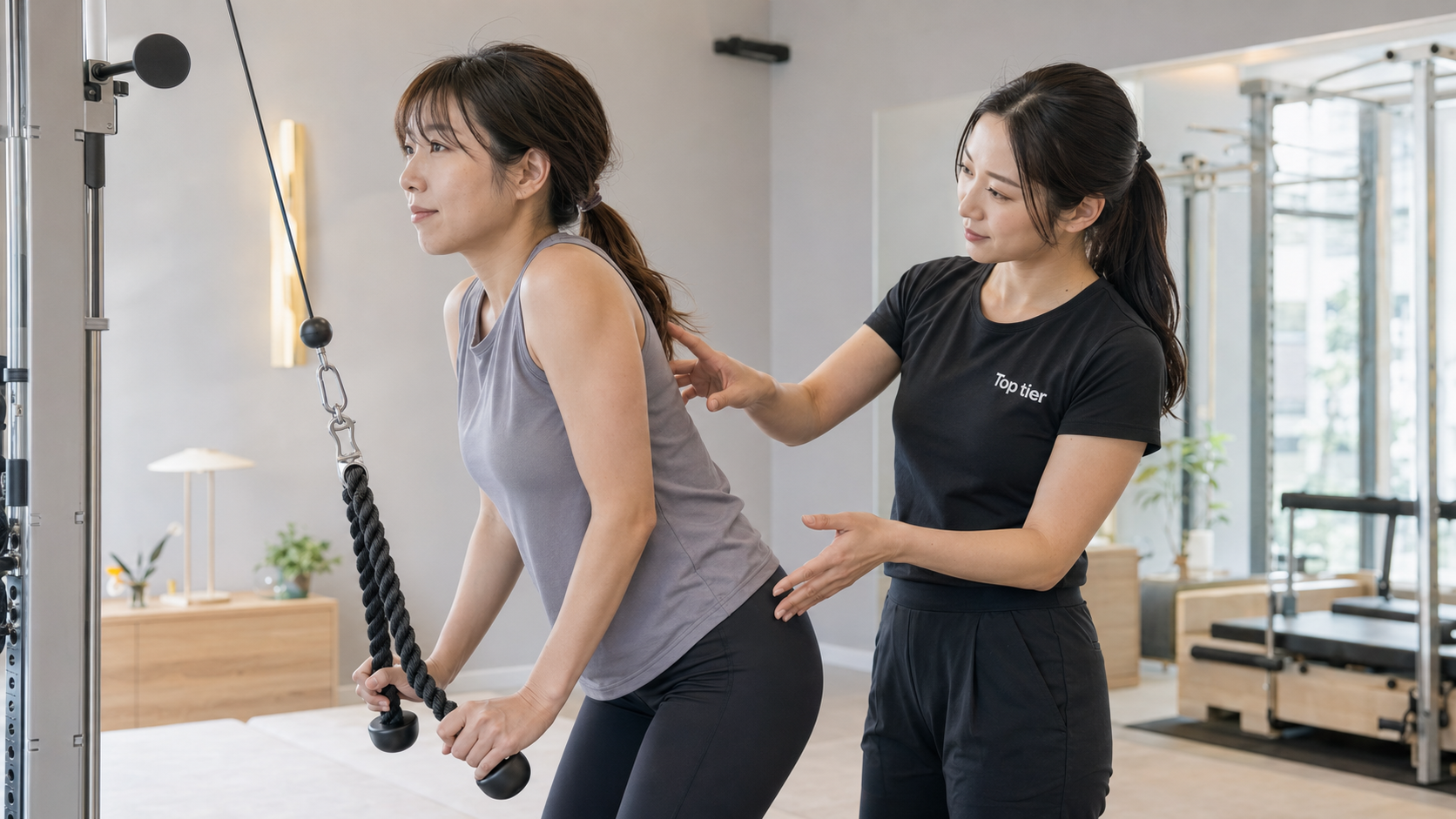 女性トレーナーが二の腕トレーニング中の肩甲骨と全身の姿勢を確認している様子
