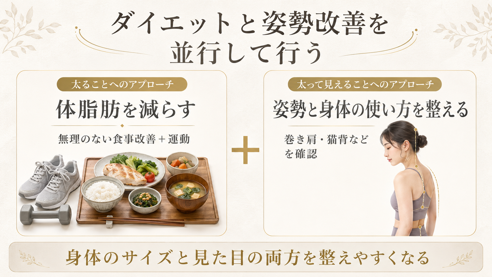 食事改善と運動による体脂肪へのアプローチと、巻き肩・猫背などの姿勢改善を並行して行う図解
