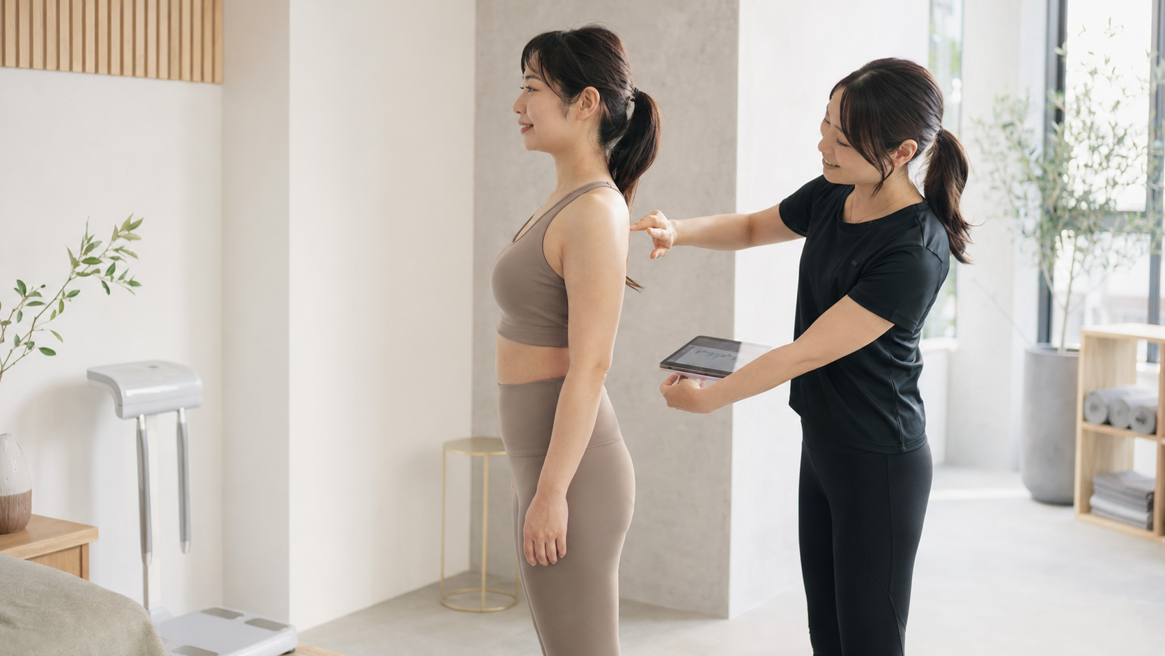 明るい個室ジムで、女性トレーナーがタブレットを手にお客様の肩まわりと姿勢を確認している様