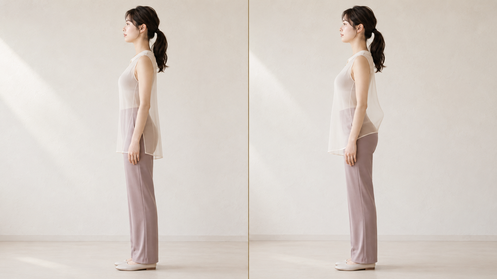 半透明の服越しに細い体型を見せ、反り腰によって腰と服の間に空間ができて身体が前後に厚く見える様子を比較した画像