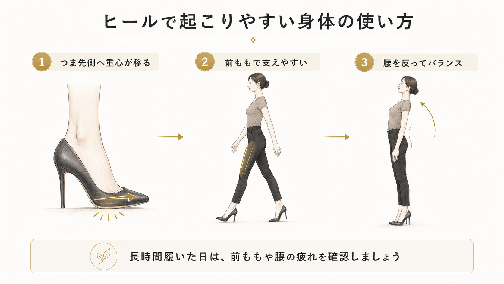 ヒールを履くことで重心がつま先側へ移り、前ももで身体を支えやすくなり、腰を反ってバランスを取る流れを示した図解