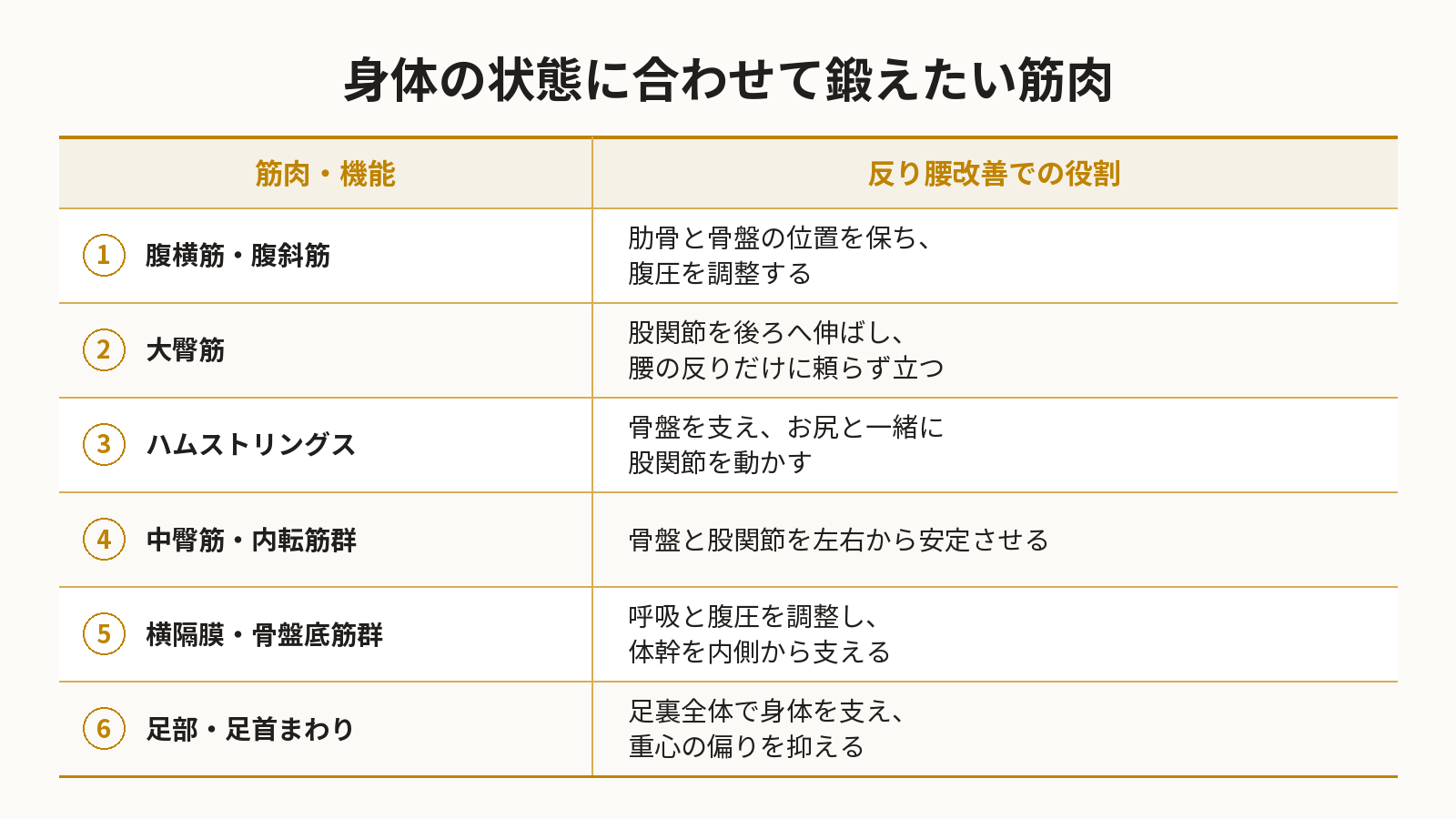 腹横筋・腹斜筋、大臀筋、ハムストリングスなど、反り腰改善で鍛えたい筋肉と役割をまとめた表