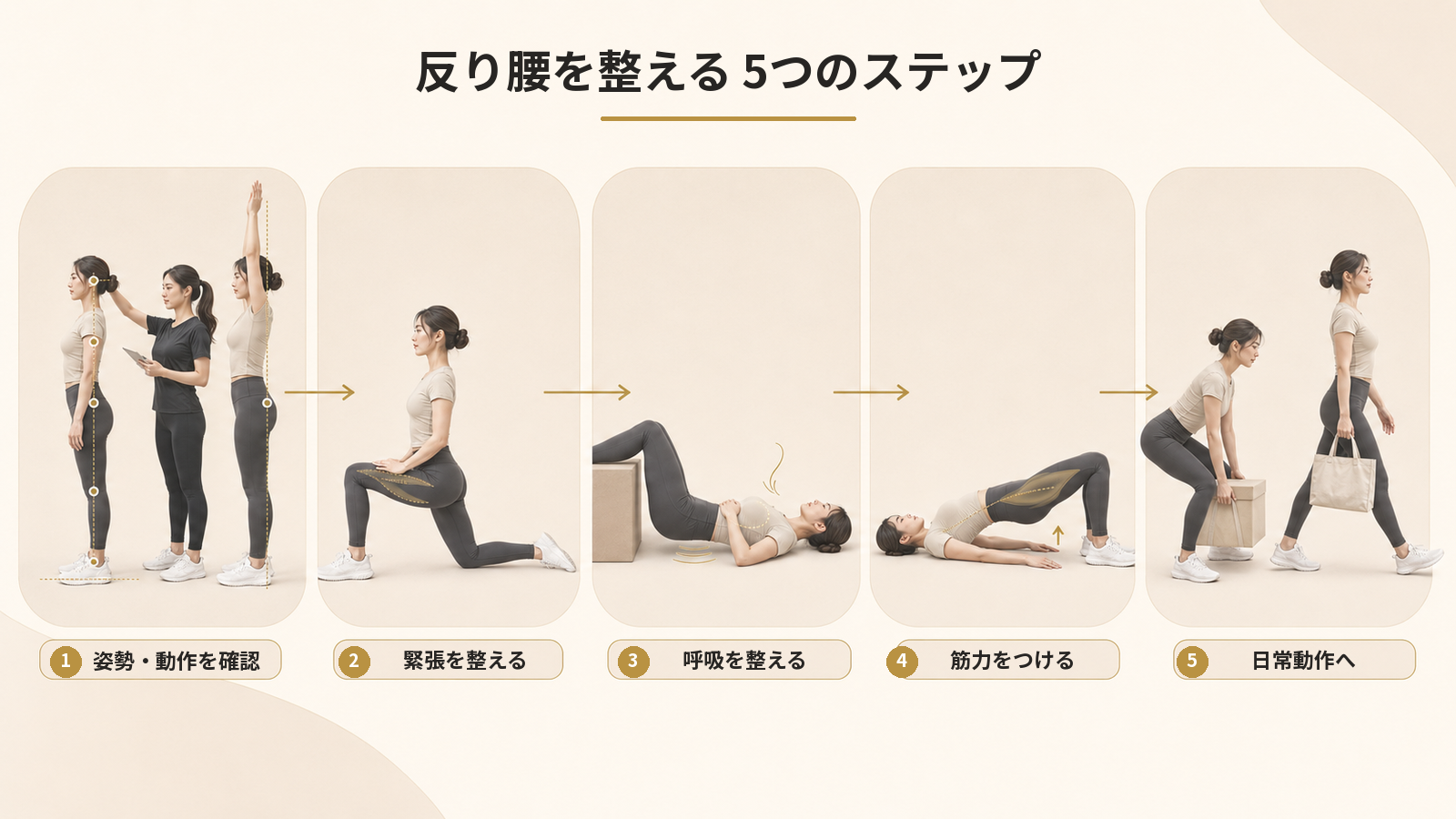 反り腰を整える5つのステップの図解