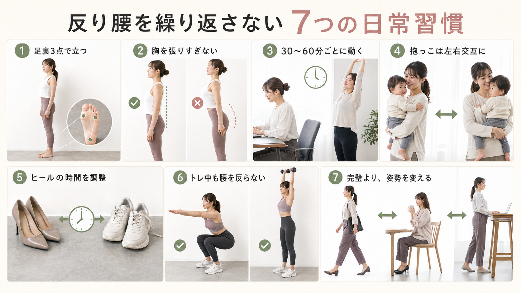 足裏全体で立つ、こまめに動くなど、反り腰を繰り返さない7つの日常習慣を女性の写真で解説した図