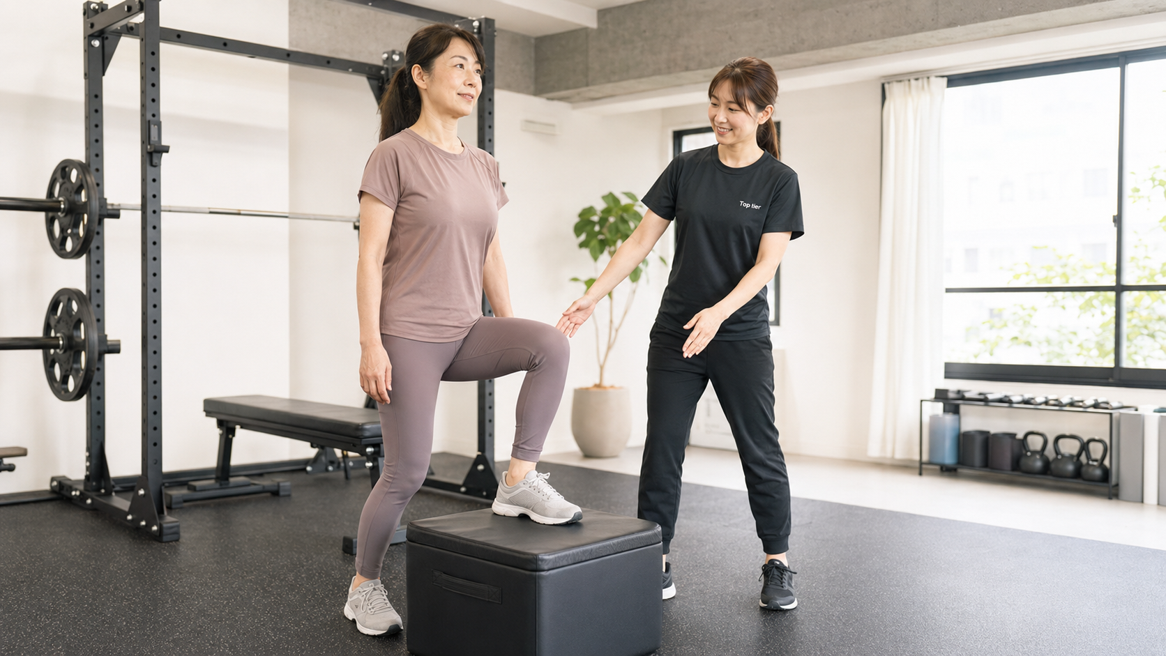 女性専用パーソナルジムで、女性トレーナーに見守られながらステップアップを行う女性