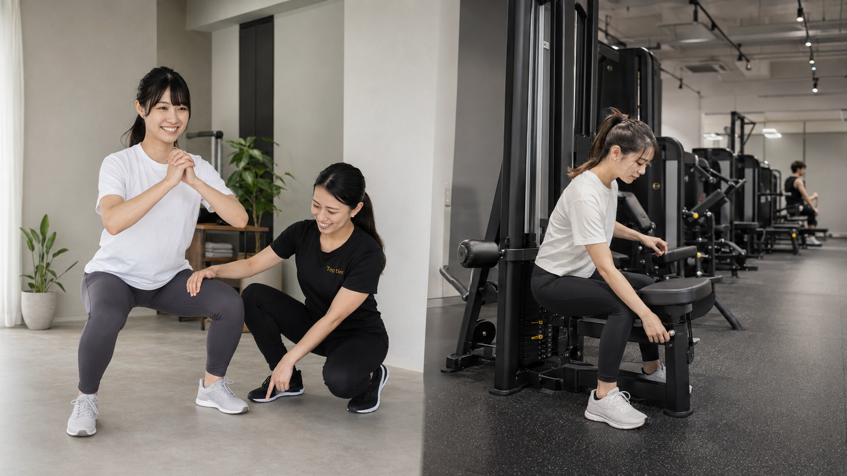 女性トレーナーがフォームを確認する女性専用パーソナルジムと、一人でマシンを調整する24時間ジムの比較