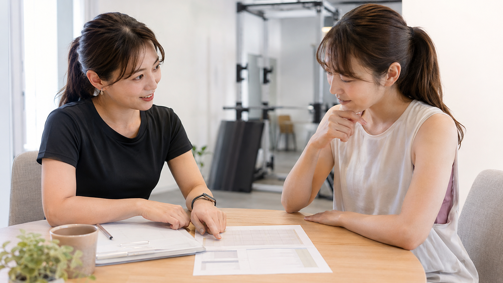 女性トレーナーと入会前の女性が料金や予約内容を確認しているカウンセリング風景