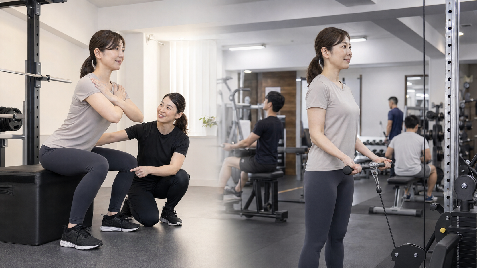 女性トレーナーにフォームを確認してもらいながら、24時間ジムでも自主トレーニングを続ける女性