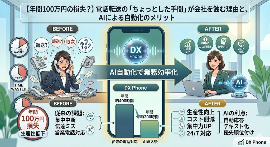 【年間100万円の損失?】電話転送の「ちょっとした手間」が会社を蝕む理由と、AIによる自動化のメリット