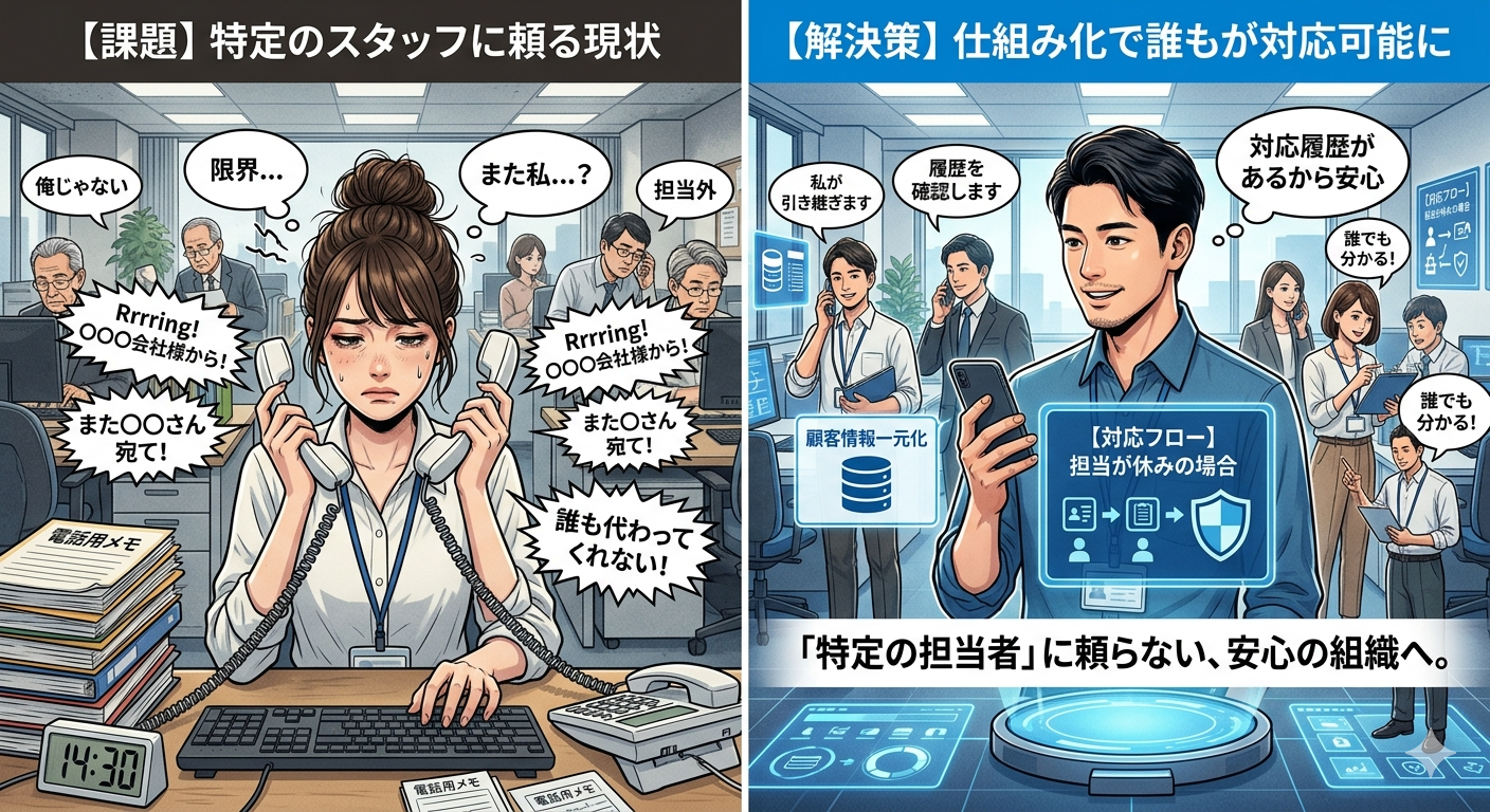 電話対応の「属人化」が引き起こすオフィスの危機。特定のスタッフに頼らない仕組みの作り方