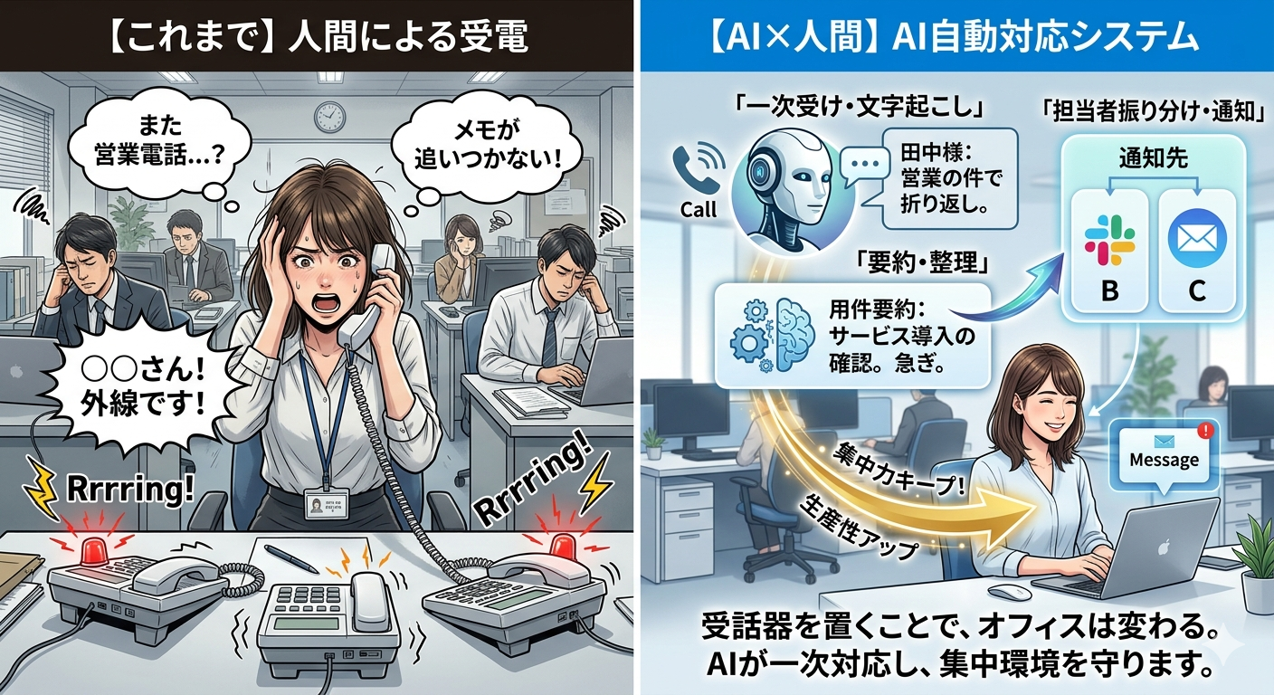 電話が鳴った瞬間にAIが自動対応！一次受け・要約・振り分けまで完結する未来の電話DX