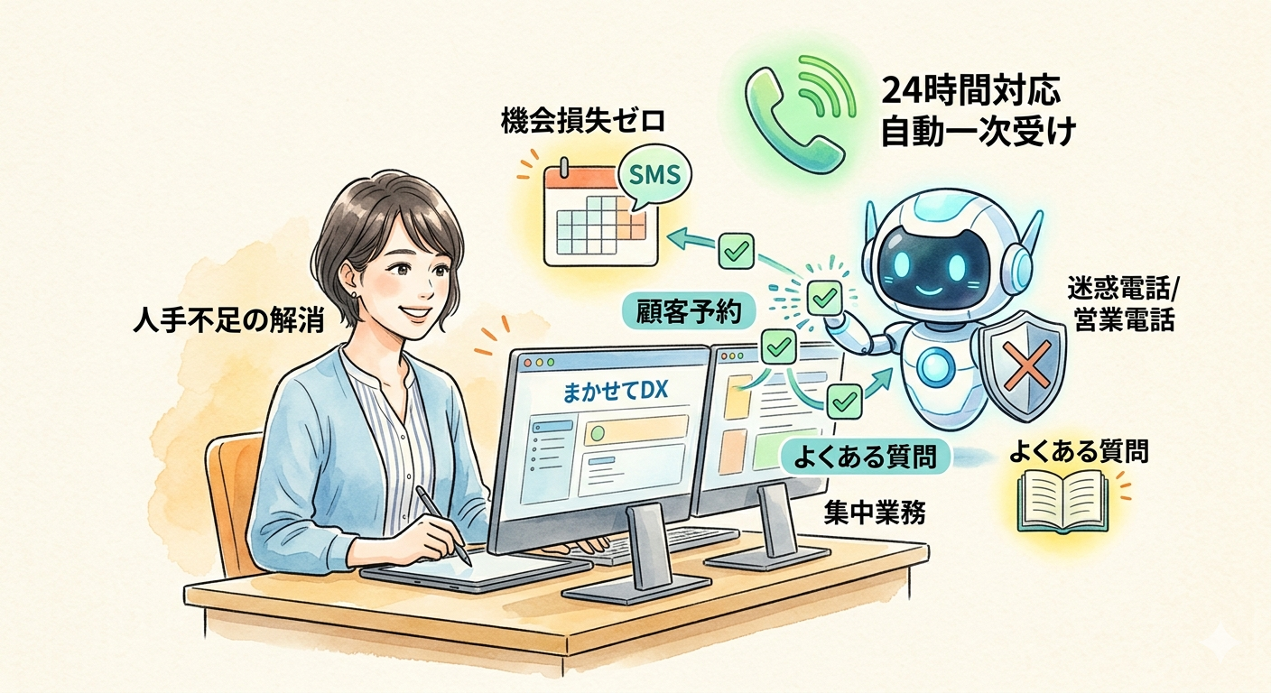 【電話番の自動化】24時間365日、AIと自動音声が電話に自動応答！「まかせてDX」で実現するオフィスと店舗の労働不足解消