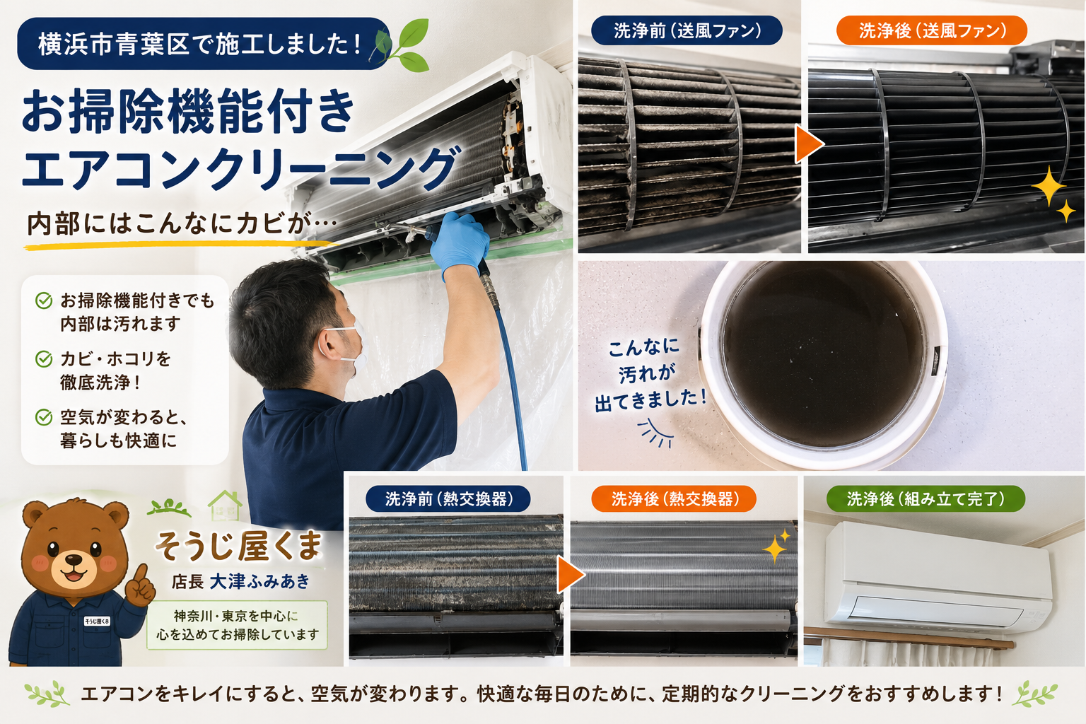 【横浜市青葉区】お掃除機能付きエアコンクリーニング|内部にはこんなにカビが…現場レポート