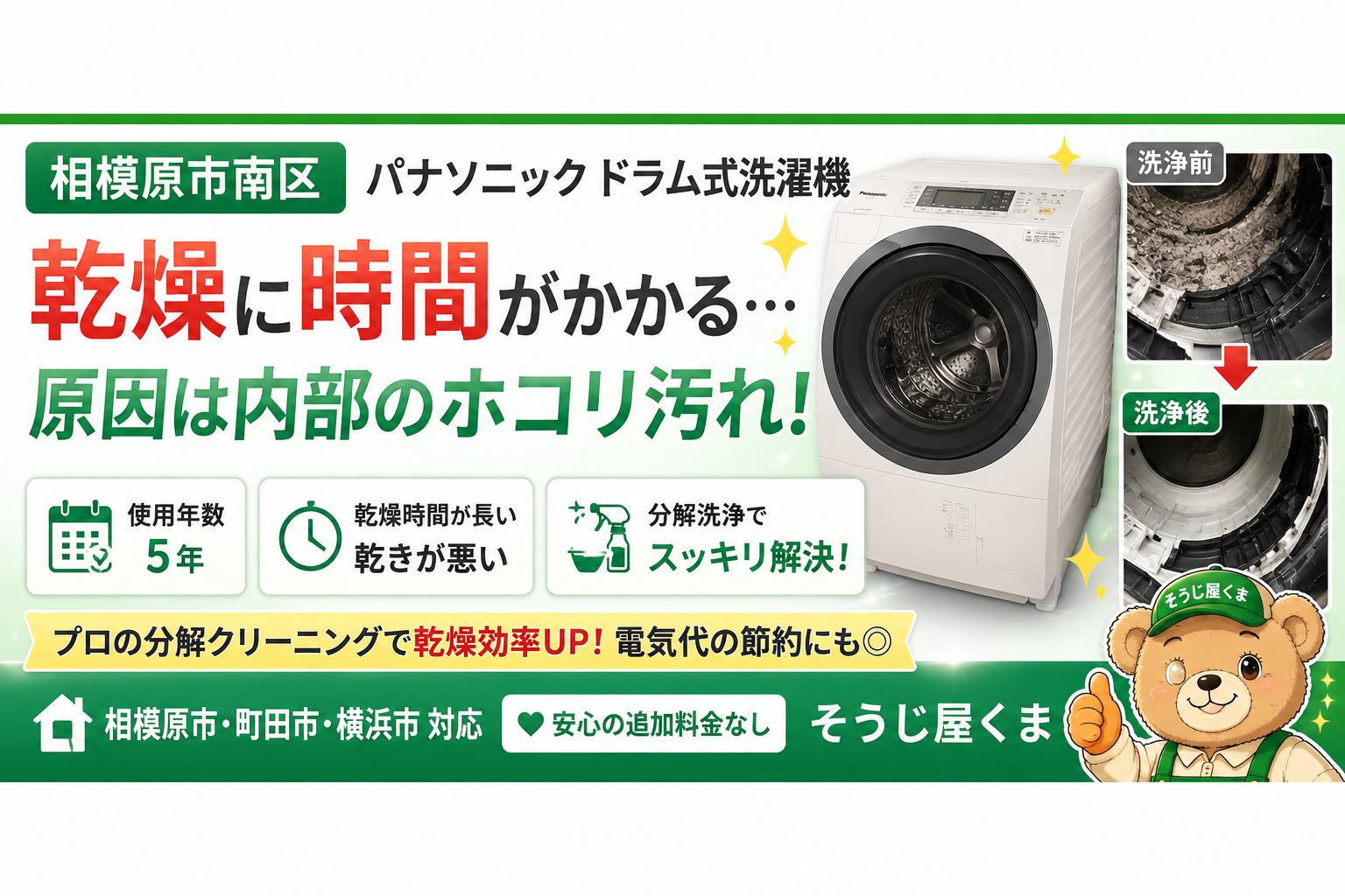 【相模原市南区】パナソニックドラム式洗濯機クリーニング｜乾燥時間が長くなった原因は？