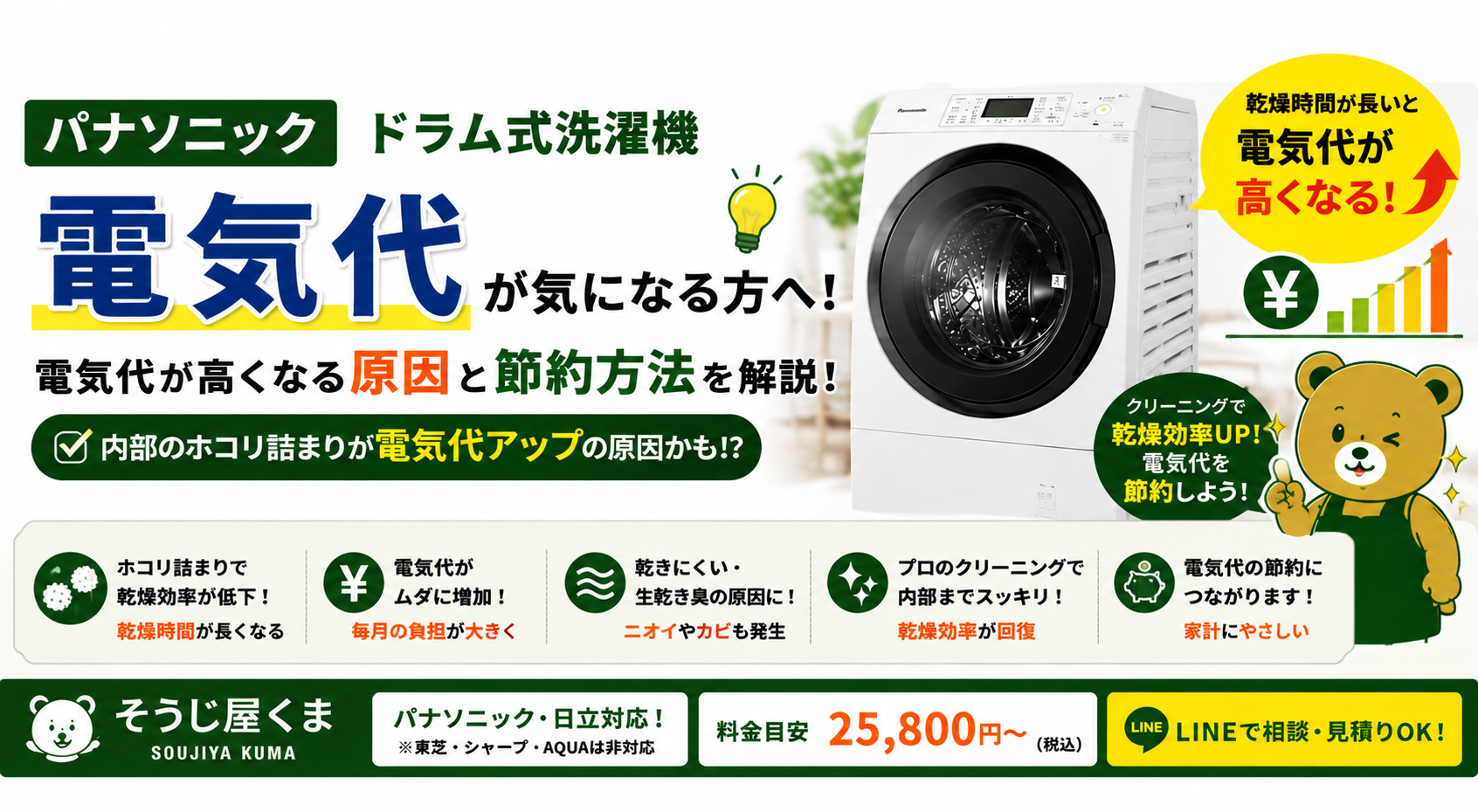 パナソニック ドラム式洗濯機の電気代は高い?電気代が増える原因と節約方法を解説!
