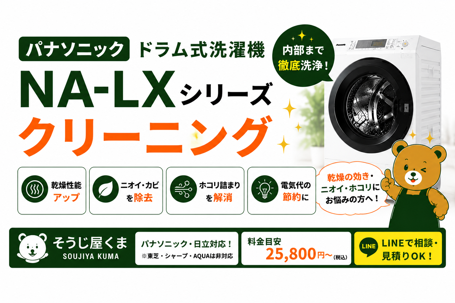 パナソニック ドラム式洗濯機 NA-LXシリーズのクリーニング|乾燥しない・臭い・ホコリ詰まりでお困りの方へ