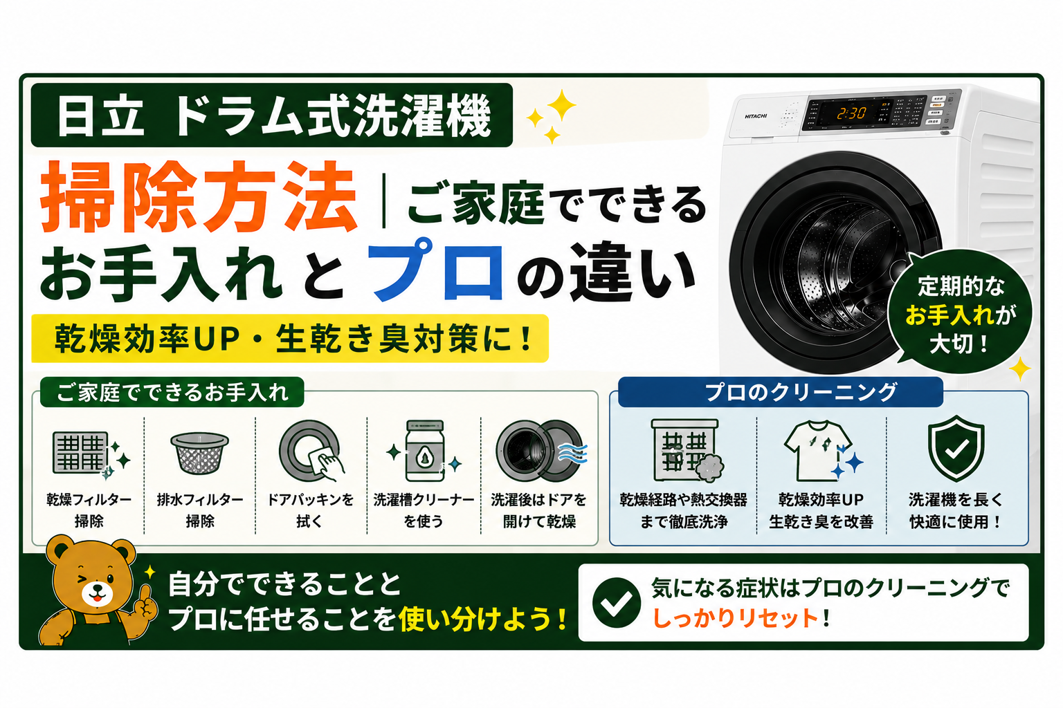 日立 ドラム式洗濯機 掃除方法|ご家庭でできるお手入れとプロの違い