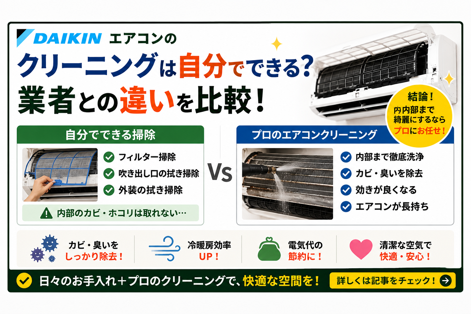 ダイキンエアコンのクリーニングは自分でできる？業者との違いを比較