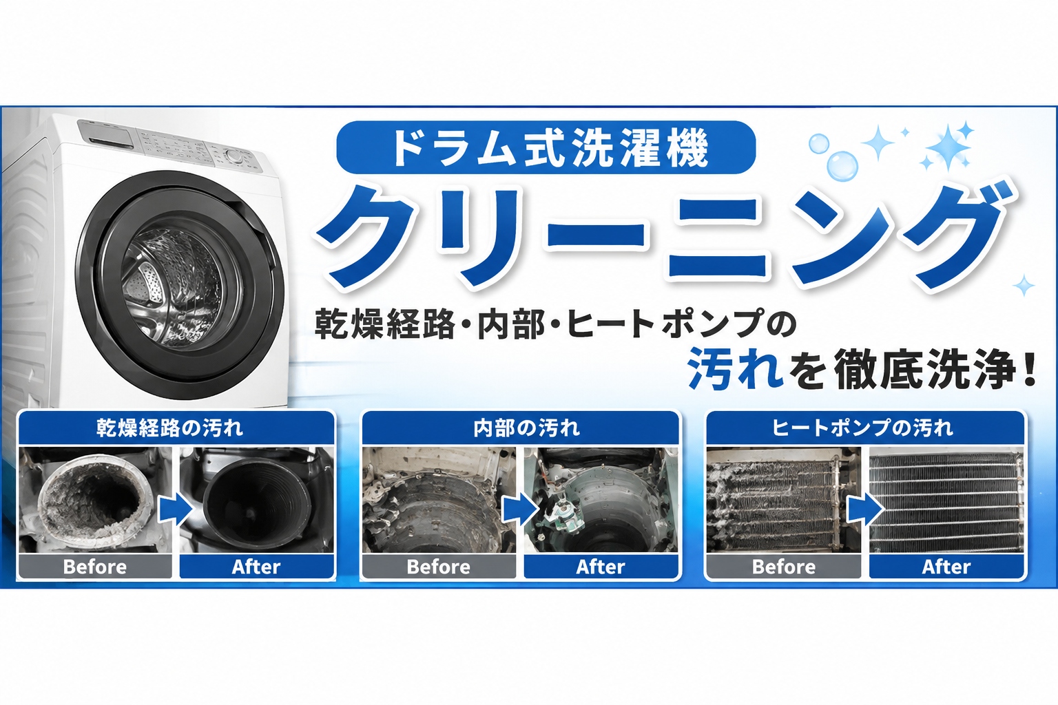 ドラム式洗濯機クリーニング｜乾燥経路・内部・ヒートポンプの汚れをビフォーアフターで紹介