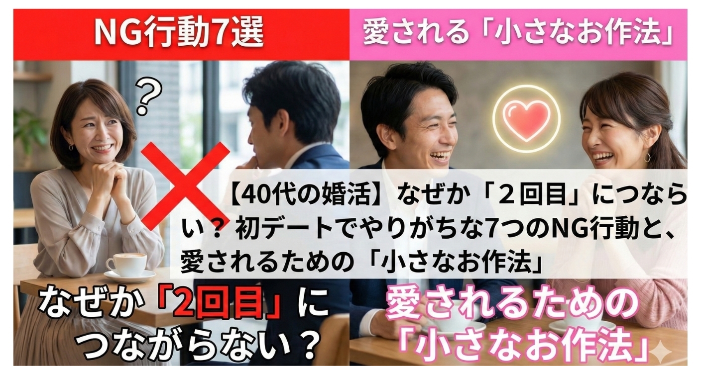 【40代の婚活】なぜか「2回目」につながらない?初デートでやりがちな7つのNG行動と、愛されるための「小さなお作法」