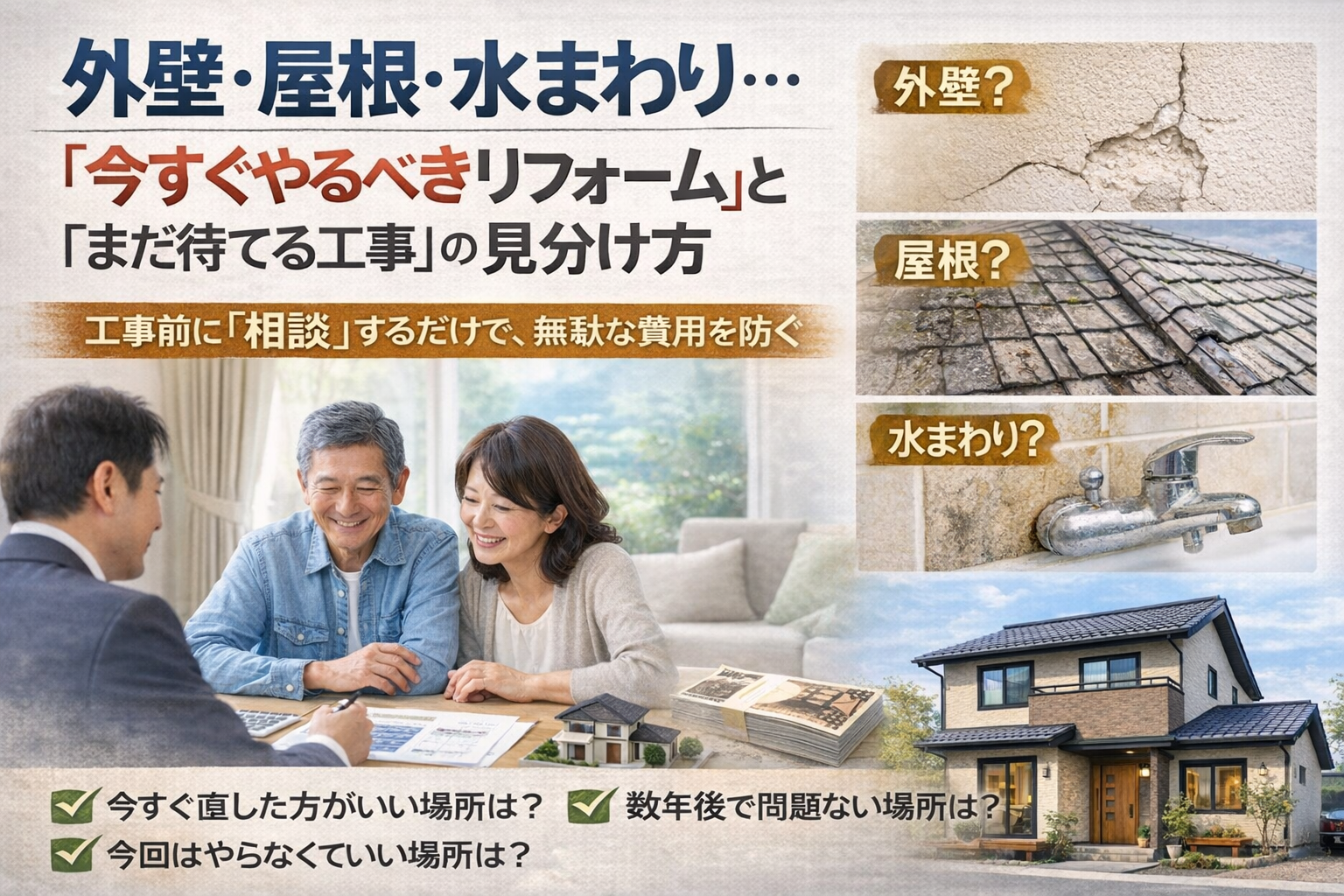 外壁・屋根・水まわり… 「今すぐやるべきリフォーム」と「まだ待てる工事」の見分け方