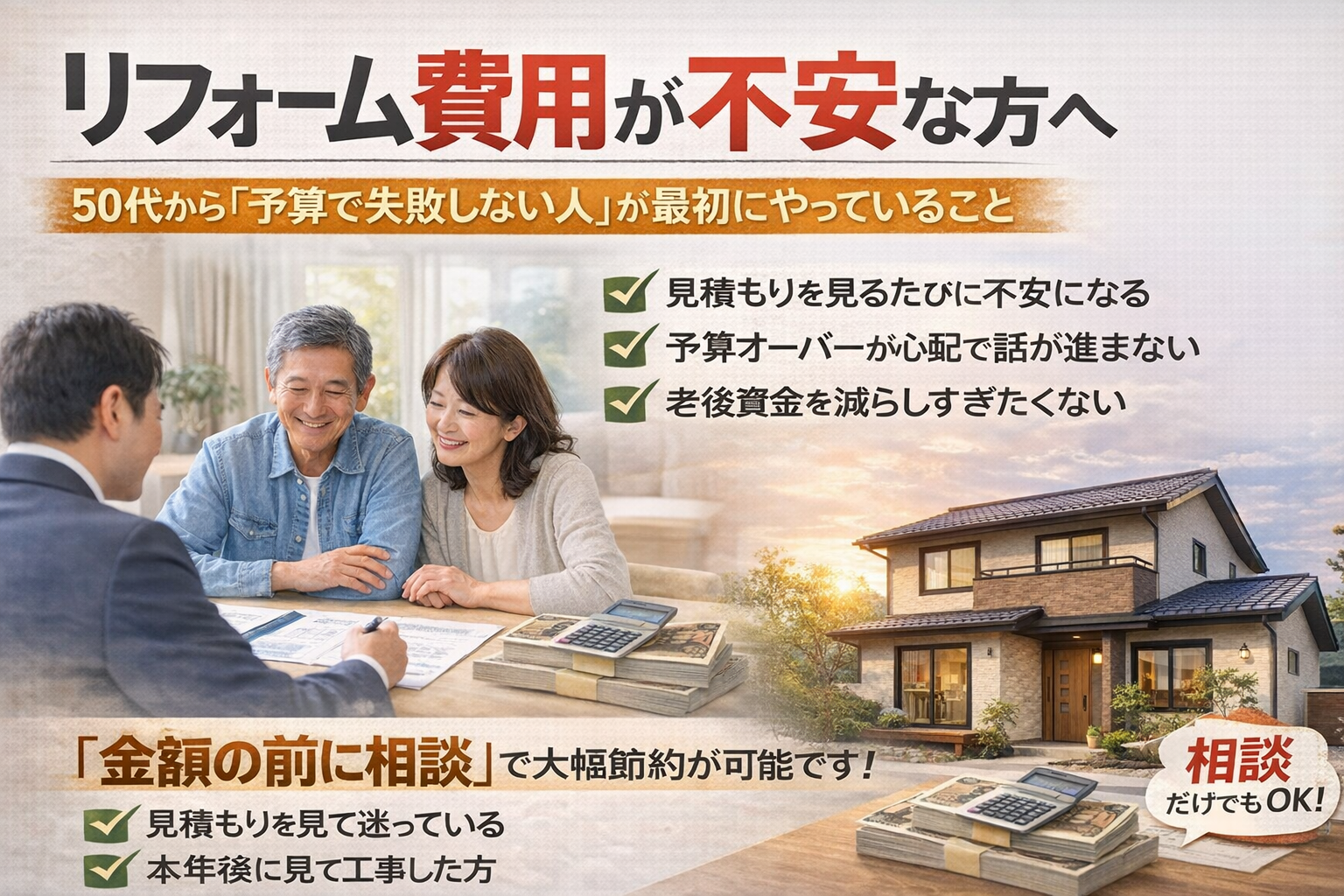 リフォーム費用が不安な方へ 50代から「予算で失敗しない人」が最初にやっていること