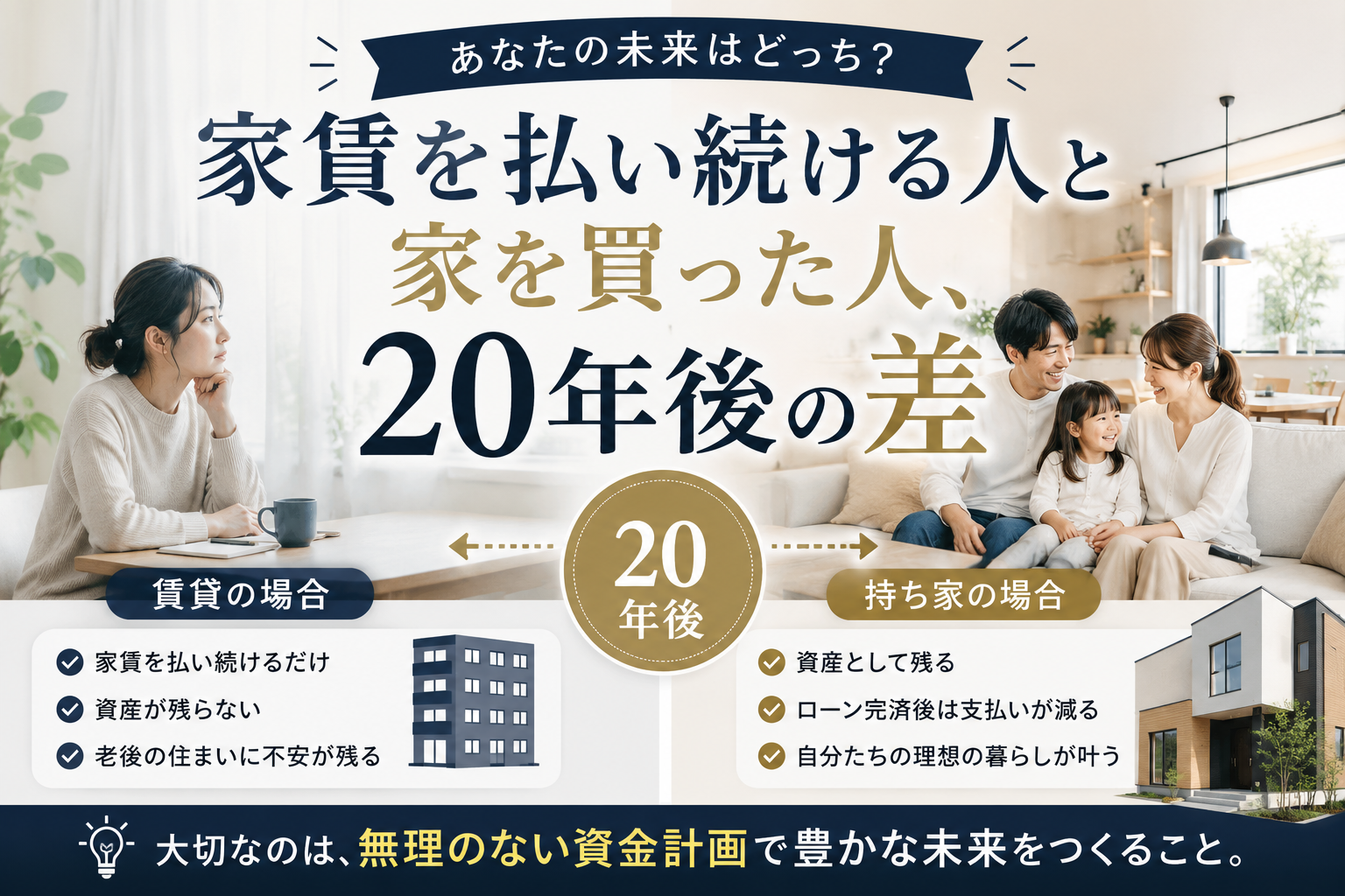 家賃を払い続ける人と家を買った人、20年後の差