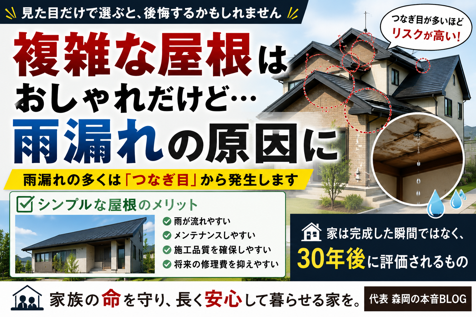 複雑な屋根はおしゃれ。でも、それが雨漏りの原因になることもあります。