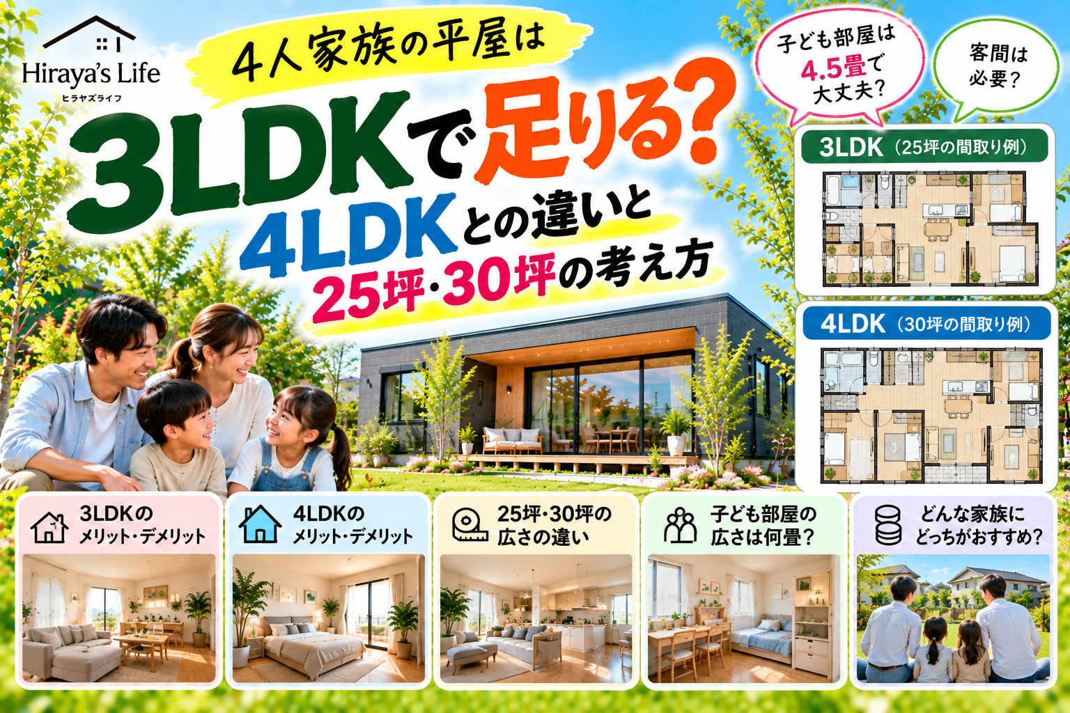 4人家族の平屋は3LDKで足りる？  4LDKとの違いと25坪・30坪の考え方