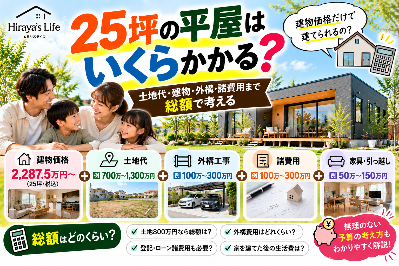 25坪の平屋はいくらかかる？  土地代・建物・外構・諸費用まで「家づくり総額」で考える