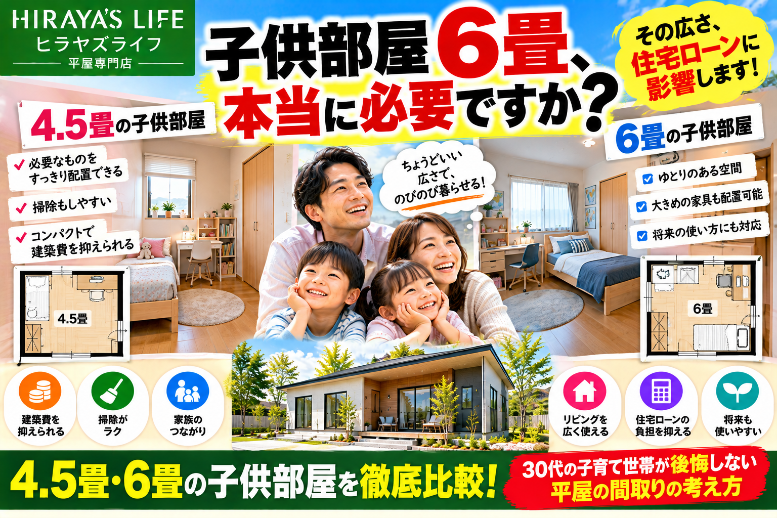 【平屋の子供部屋】6畳は本当に必要？4.5畳でも後悔しない家づくりと間取りの考え方