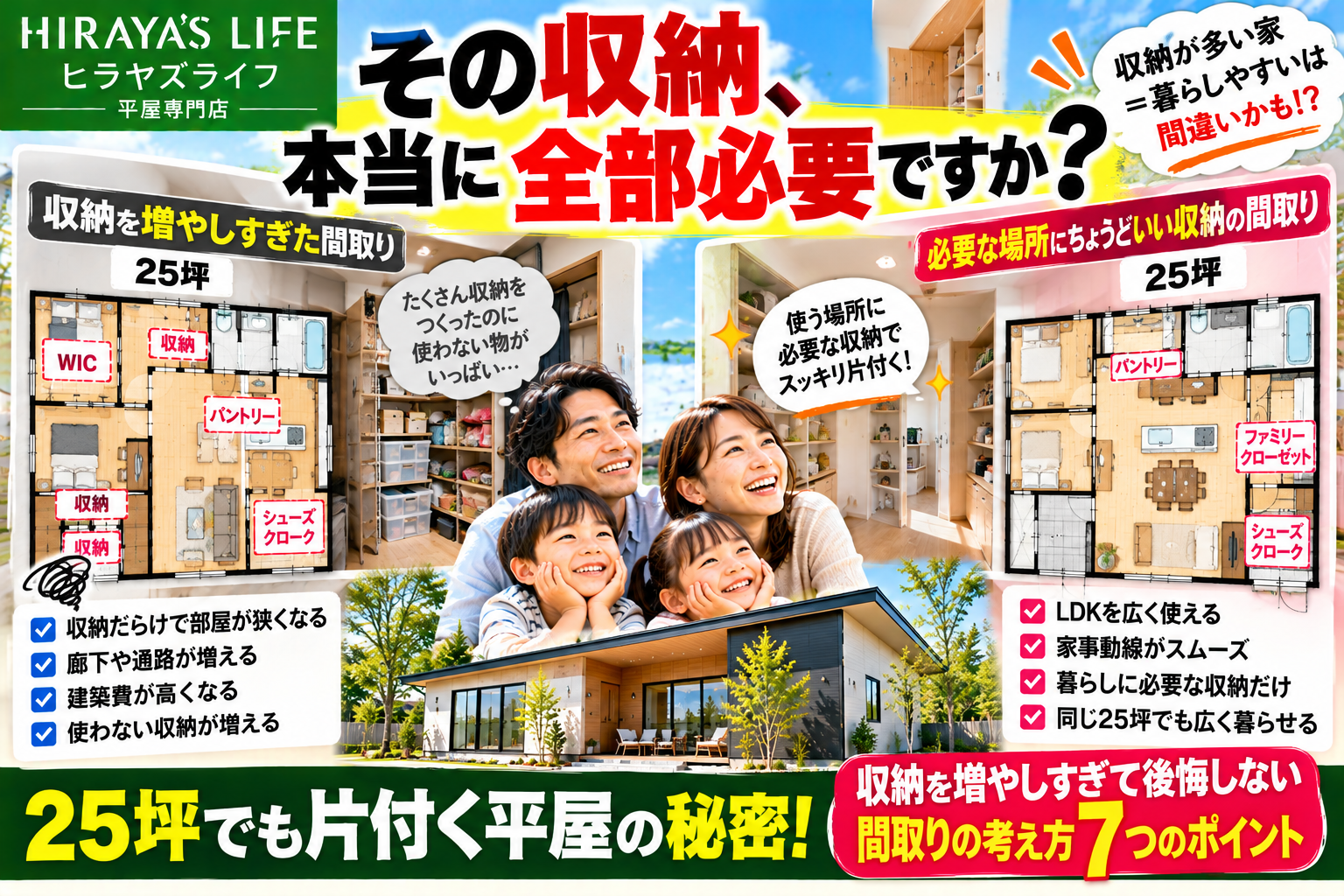 【平屋の収納で後悔しない】収納は多ければ良い？25坪の平屋でも片付く家をつくる7つのポイント