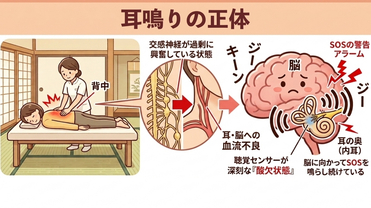 耳鳴りの正体：背中の緊張による交感神経の過剰興奮から首の血管収縮、内耳の酸欠SOSアラームに至るメカニズムの図解