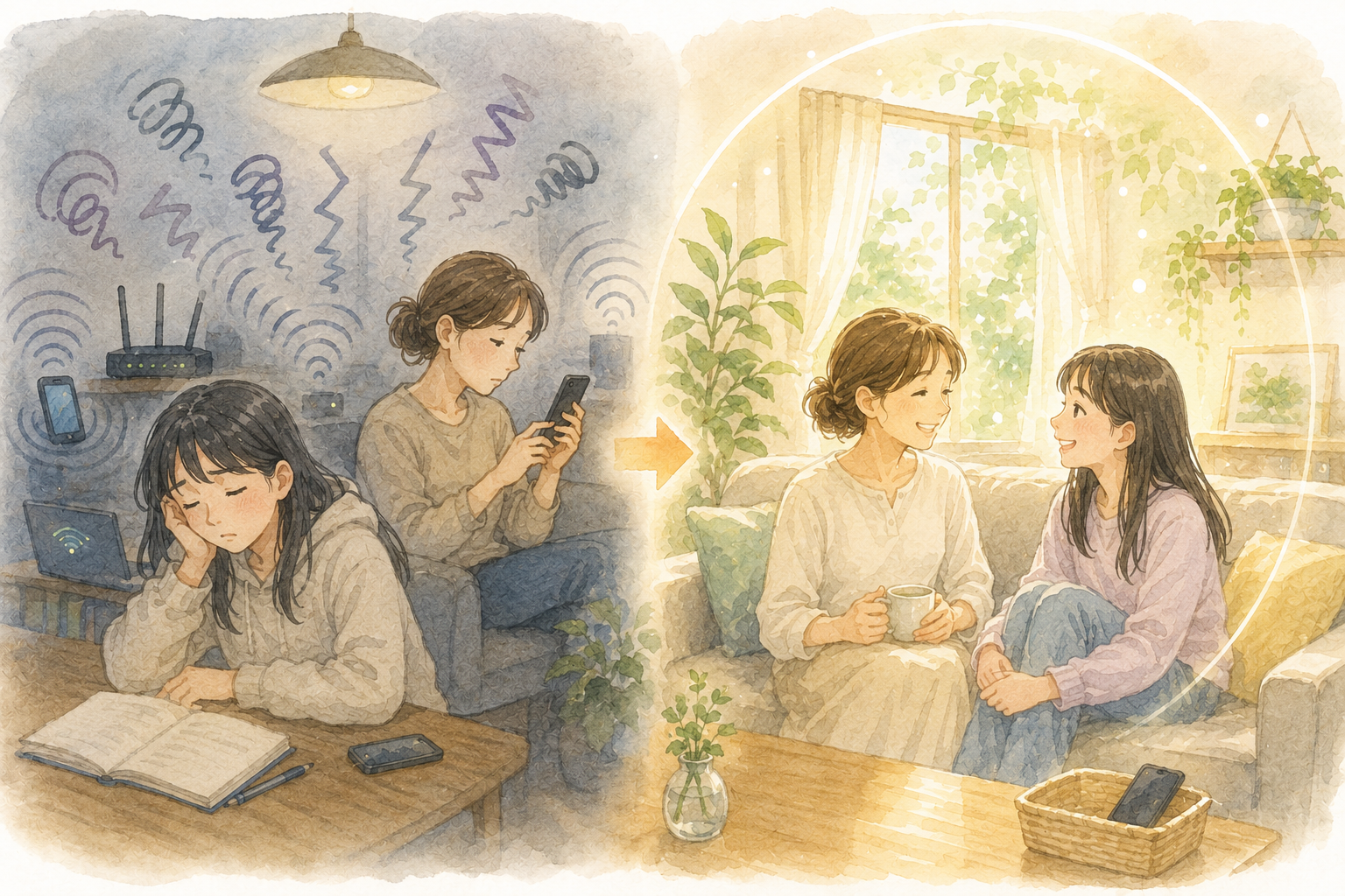 スマホの通知や電子機器に囲まれ会話のない親子と、スマホを置いてくつろぎながら会話を楽しむ親子の比較イラスト