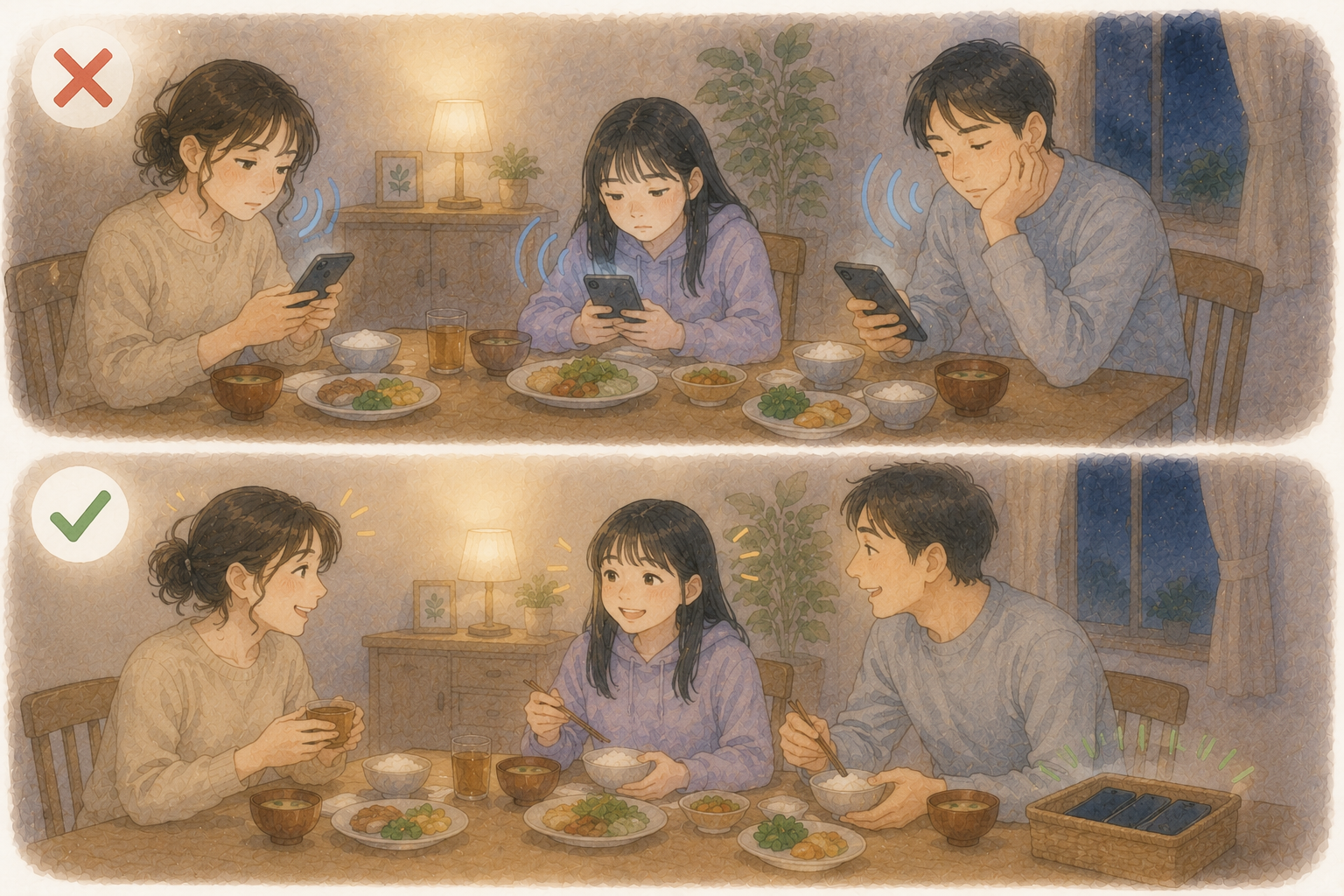 食事中に各自スマホを見る家族と、スマホを置いて会話を楽しみながら食事する家族の比較イラスト