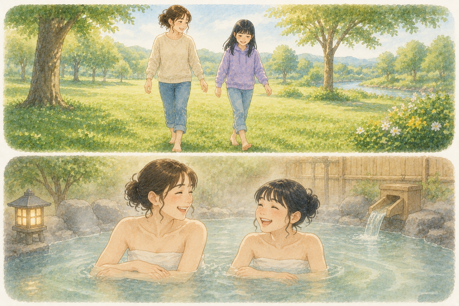 親子で芝生の上を裸足で歩くアーシングの様子と、温泉でリラックスして会話する親子の様子