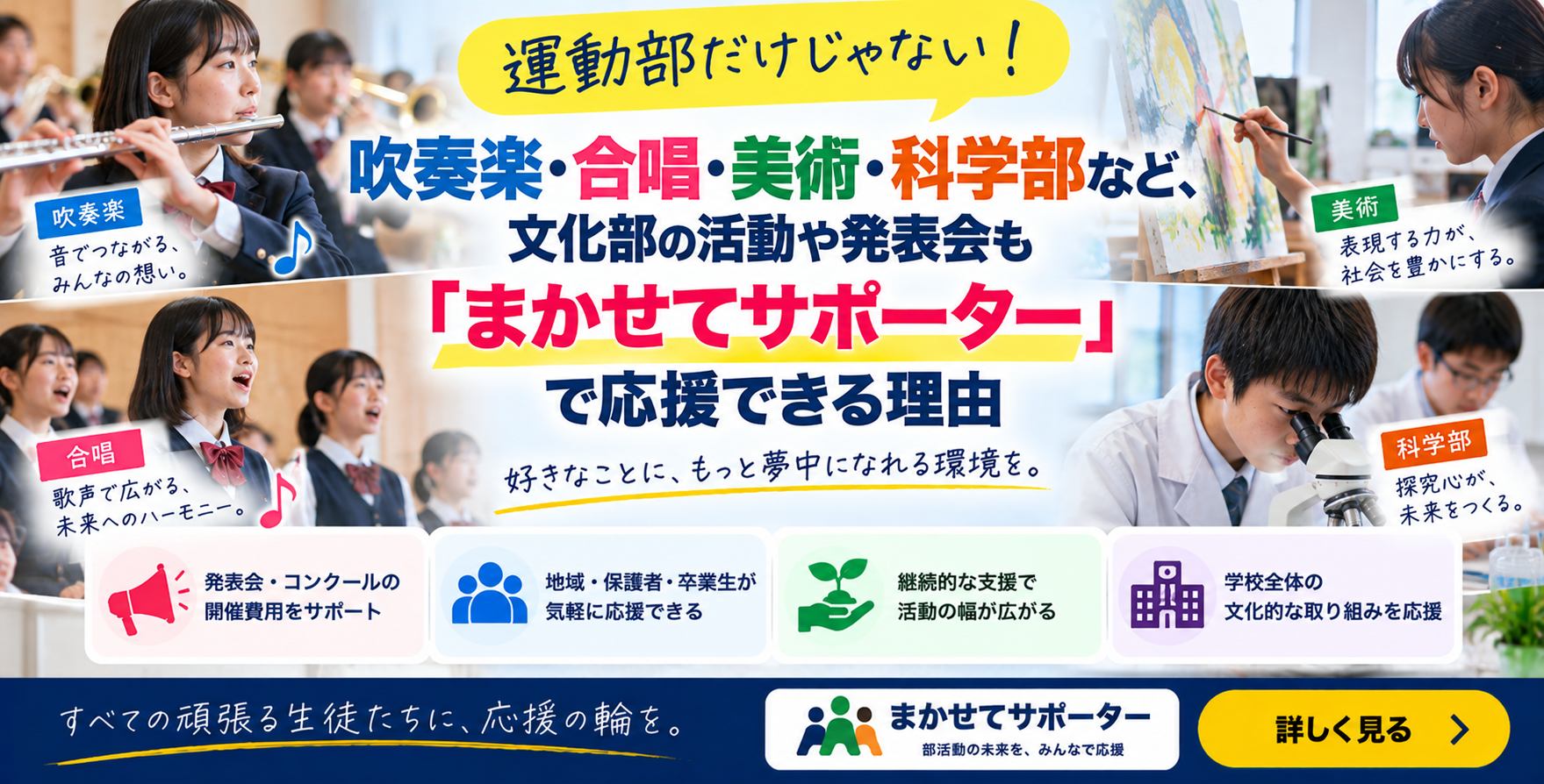 「運動部だけじゃない！吹奏楽・合唱・美術・科学部など、文化部の活動や発表会も『まかせてサポーター』で応援できる理由」
