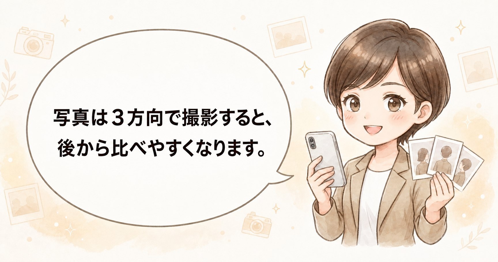 ウエディングドレスの写真は3方向から撮影すると、後から比べやすくなります。