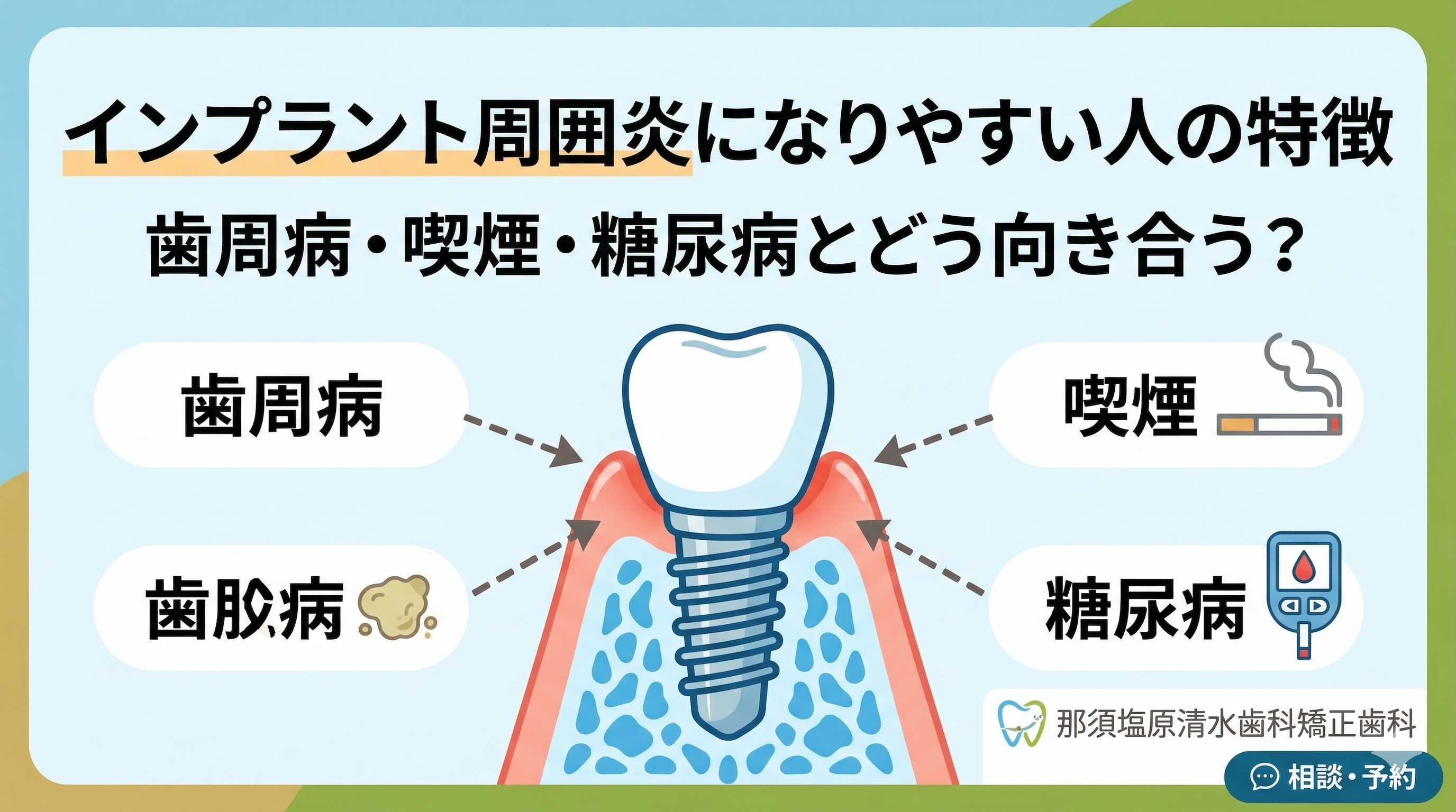 インプラント周囲炎になりやすい人の特徴｜歯周病・喫煙・糖尿病とどう向き合う？（那須塩原）