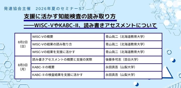 発達協会セミナー【S7 支援に活かす知能検査の読み取り方―WISC-VやKABC-Ⅱ、読み書きアセスメントについて】