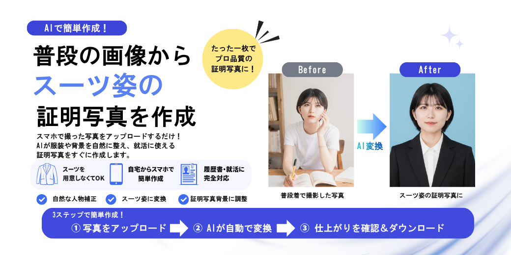 普段着の写真からスーツ姿の証明写真を作成できるAI証明写真ツール