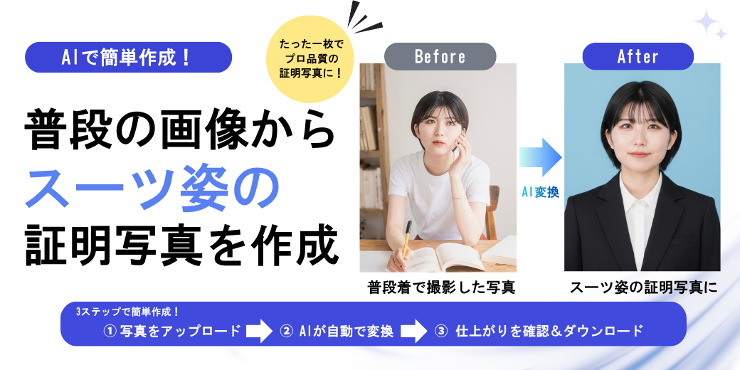 普段着の写真からスーツ姿の証明写真を作成できるAI証明写真ツール