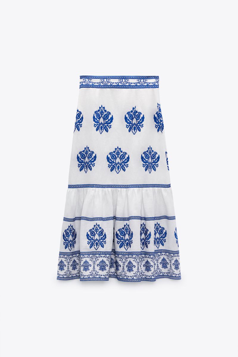 新品☆ZARA(ザラ) 刺繍入りミディスカート 麻素材 リネン